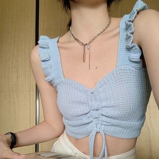 Pure Desire New Spice Girls Knitted Sling Design Sense Niche Summer Outer Wear Sexy Blue Vest Short Top