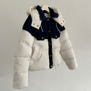 Denim Stitching Down Cotton-padded Jacket Women's 2024 Winter New Thickened Short Loose Removable Hat Bread Coat