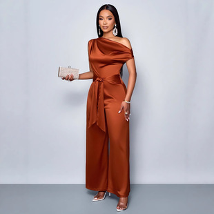 2025 Summer European and American Cross-Border Amazon Ebay European and American Solid Color Fashion Slim Fit Slant Collar Button Women's Jumpsuit
