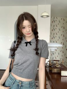 Grey Doll Collar Bow Short-sleeved Sweater Women's Summer 2025 Simple Sweet Style Short Slim-fit Top