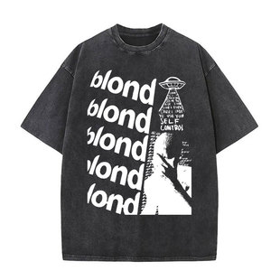 Cross Border Amazon Washed Black Retro Frank Hip Hop T-shirt Ocean Printed plus size T-shirt