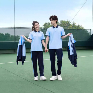 Spring and Summer High School Students' Class Clothes Sportswear Junior High School Students' Blue and White Short-sleeved Three-piece Set Middle School Students' School Uniform Sports suit