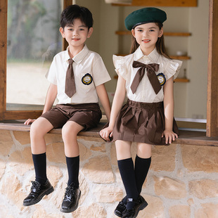 Summer British Style Short-sleeved Shirt Suit for Boys and Girls Kindergarten Primary School Students Class Uniform School Uniform Performance Clothing