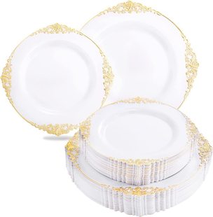 Gilding white tableware set disposable plate Black golden edge relief plate PS hard plastic foreign trade transparent tableware