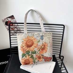 Cross-border Embroidered Canvas Portable Double-sided Gold Line Cartoon Women's Handbag Casual Mommy Hand Carrying Small Cloth Bag Lunch Box Bag
