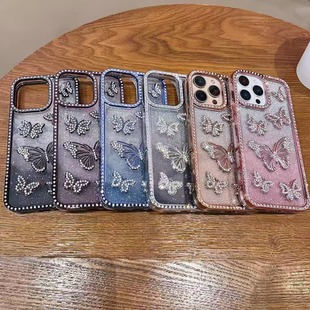 Взрывная гальваническая iPhone16 трехмерная бабочка Diamond чехол для мобильного телефона подходит для Apple 15promax градиент мигания мягкий