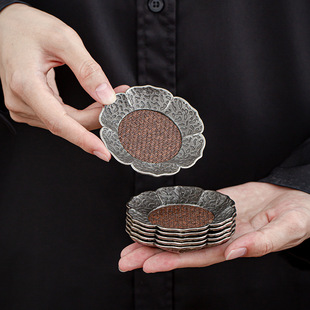 Chinese-style Hammered Alloy Rattan Mat Water Cup Mat Retro Rattan Lotus Cup Holder Heat Insulation Mat Kung Fu Tea Set Accessories