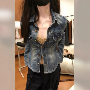 American Style Retro Blue Polo Collar Slim-fit Denim Shirt Women's Autumn and Winter High-end Waisted Slim-fit Coat Top