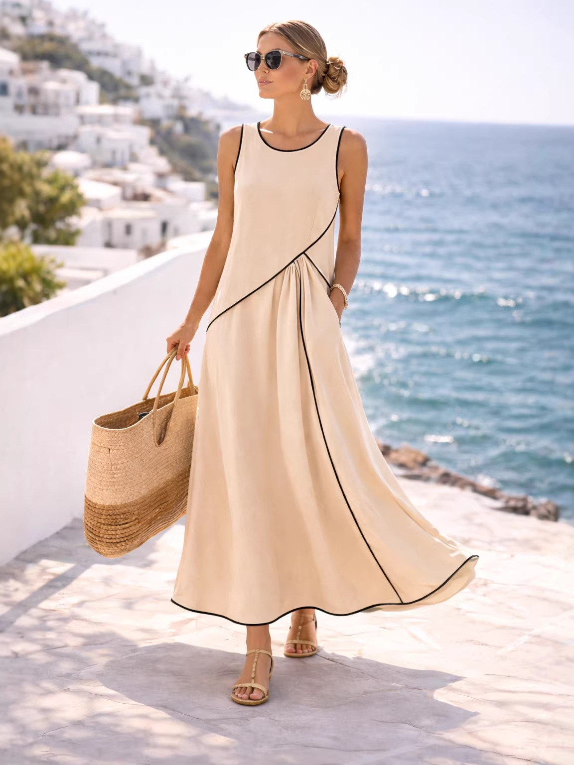 2026 New European and American Summer Women's Dress, Mediterranean Resort Style Dress, Women's Color-Blocking A-Line Dress