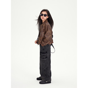 Girls Retro Motorcycle Style Leather 2024 Autumn New Children's American Sweet Cool Coat Short Jacket Trendy Top