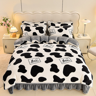 Internet-famous Double-sided Thickened Encryption Warm Bed Skirt Printed Milk Velvet Four-piece Set Single Quilt Cover Baby Velvet Kit