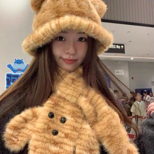 Factory direct Lingqi cute bear ears plush fisherman hat children's neck cold warm cartoon scarf
