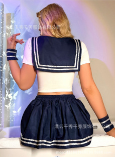 New Qianxiu Large Size Lingerie European and American Sexy Plaid Bow Student's Maid Uniform Set for Hair
