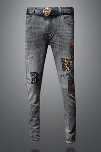 2024 New Washed Embroidered Jeans Slim Fit Small Foot Stretch Trendy Men's Pants Casual Jeans Long Pants