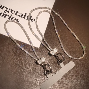 Colorful bow full diamond mobile phone lanyard women's ins light luxury Chanel style short wrist strap long halter fashion