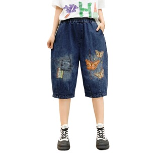 Six-point Pants Women's 2023 Summer New Stitching Padded Pocket Ritted High Waist Loose Straight Short Pants Women's