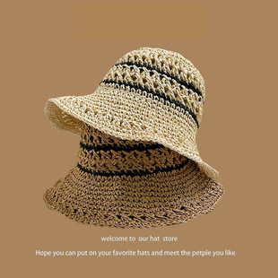 Korean style spring and summer fashion striped all-match breathable straw fisherman hat women's seaside vacation leisure sun protection beach straw hat