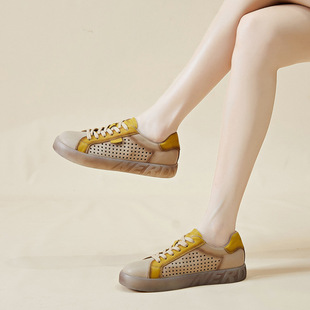 Genuine leather flat hollow-out tendon bottom retro breathable new spring and autumn soft bottom non-slip pregnant women's shoes casual small Board Shoes