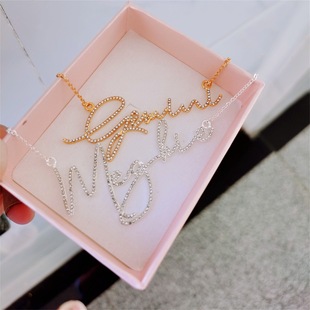 Custom Diamond Name Necklace Stainless Steel English Letters Personalized Crystal Handwritten Name Necklace Mother Gift