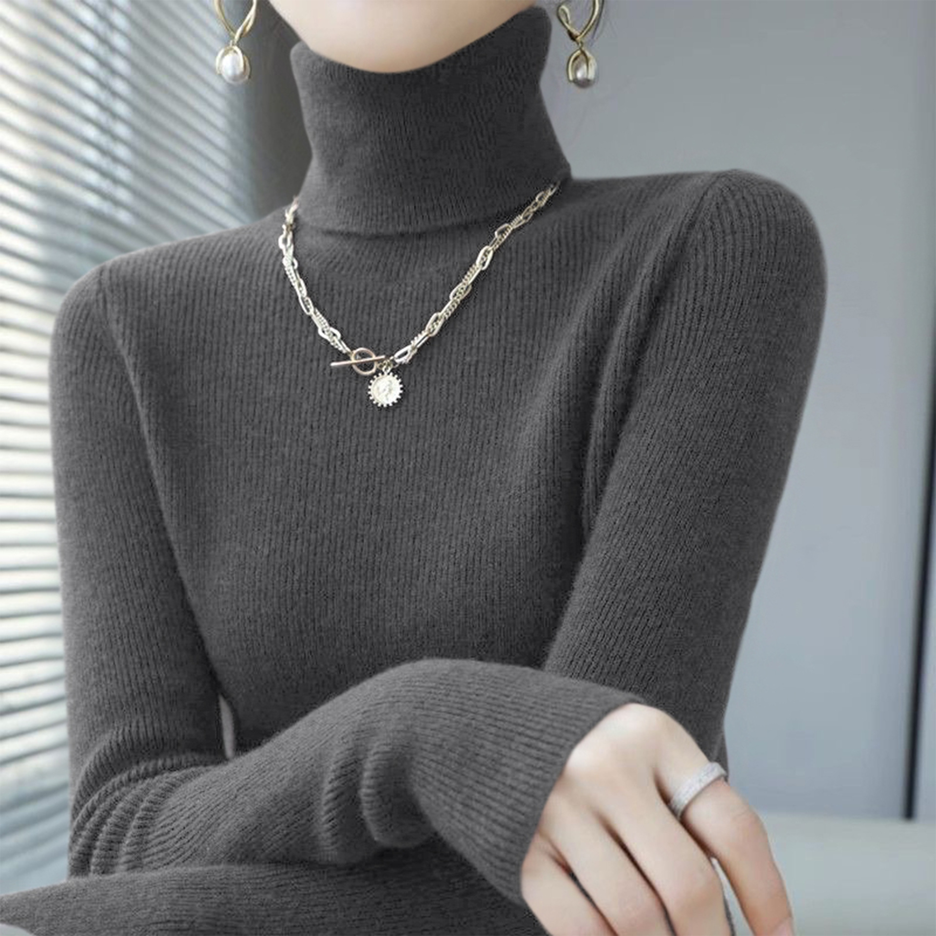 Dark-Colored High-Neck Slim-Fit Base Sweater for Women, Winter 2025, Paired with a Chanel-Style Jacket and Knitted Top Underneath