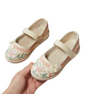 Girls' Hanfu Shoes Children's Cloth Shoes 2023 Spring and Autumn New Hibiscus Buckle Antique Shoes Ancient Costume Performance Embroidered Shoes