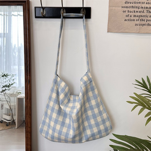 4481 New Ins Korean Style Underarm Bag Milk Blue Plaid Canvas Bag Casual Student Shoulder Crossbody Bag