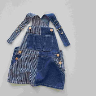 Girls' Summer Dress Contrast Color Stitching Denim Strap Skirt 2023 New Style Children's Striped Denim Skirt