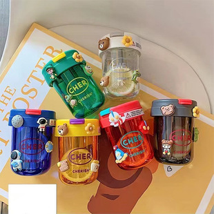 Summer cute student plastic water cup net red tons of suction tube cup cartoon bear couple plastic water cup wholesale