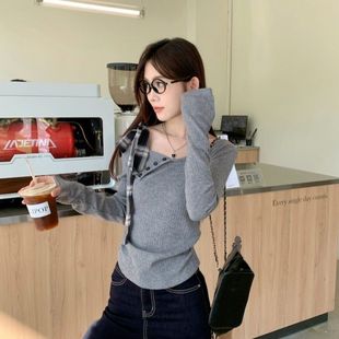 Grey Irregular New Arrival Bow Shoulder Sweater T-shirt Autumn and Winter Spice Girl Slim-fit Long-sleeved Base Top