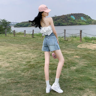 Denim shorts women's summer thin 2023 new high waist slimming small versatile A- line shorts large pocket