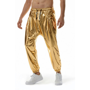 Amazon Men's Metallic glossy jogging sweatpants disco party elastic trousers glossy solid color harem pants