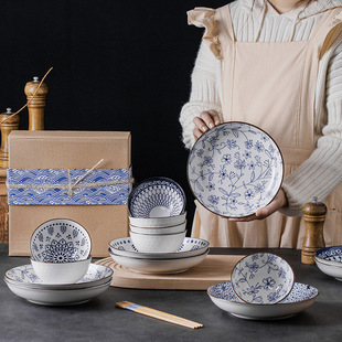 Rihe Set Bowl Gift Bowl Ceramic Bowl Vintage Bowl Dish Plate Household Rice Bowl Underglaze Color Bowl Dish Tableware Gift Box Set