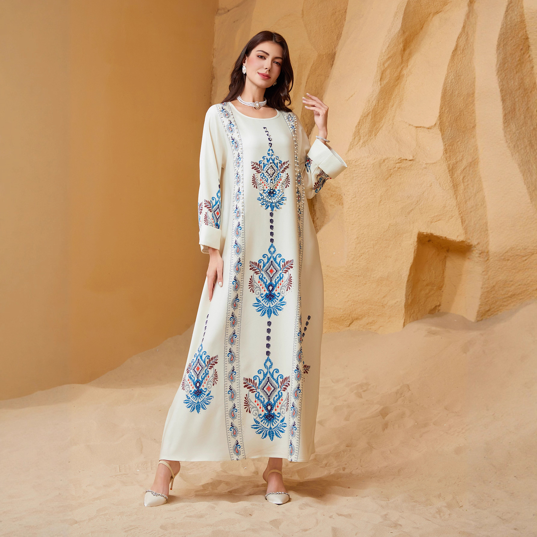 Zd040 Cross-Border Foreign Trade Women's Printed Robe Dress Amazon Rhinestone-Embellished Robe