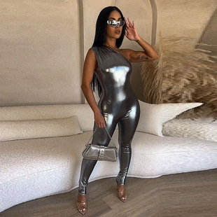 European and American Style 2023 Spring Women's New Arrival Street Photographic Fashionable Slant Shoulder Distinctive Bright Tight Hip Long Jumpsuit