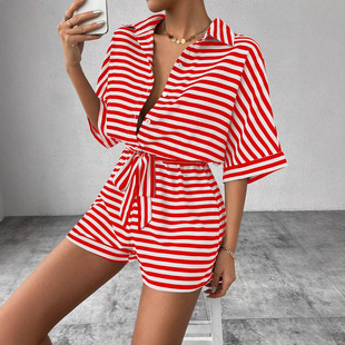 Spring and Summer 2025 European and American Foreign Trade Cross-border Striped Lapel Cardigan Button Middle Sleeve Belt Shorts suit Jumpsuit for Women