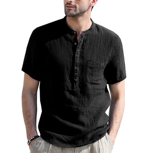 Amazon 2022 new cotton and linen men's stand collar short sleeve linen shirt sleeve breathable casual linen soft slim fit
