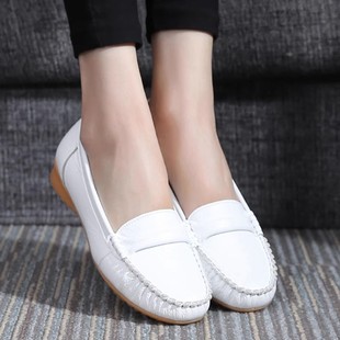 Genuine Leather Shoes Women's Doudou White Shoes Nurse Middle-aged and Elderly Women's Leather Shoes for Mothers with Soft Sole Slip-on Work Shoes Flat Sole