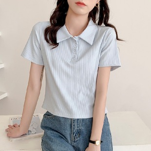 Shoulder Polo Collar Short-sleeved T-shirt Women's Slimming Belly-covering 2025 Summer New High Waist Short Ice Silk Loose Top