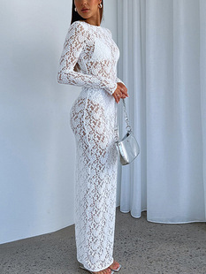 Foreign trade Women's sexy hollow black and white lace dress sexy perspective slim dress close-fitting long sleeve lace dress
