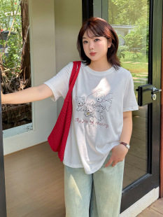 2025 Summer New Age-reducing Embroidered Cartoon Puppy Short-sleeved T-shirt Women's Printed Round Neck Loose Top 252565