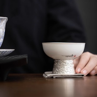 He Fu Sen Light Luxury Silver 999 Heart-sutra High-foot Master Cup Kung Fu Tea Set High-grade Ceramic Silver Tea Cup