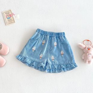 Girls Mesh Vest 2025 New Summer Baby Sweet Stitching T-Shirt Children's Ice Cream Denim Shorts Trendy