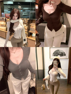 Spice Girls Pure Want Grey V-neck Long-sleeved T-shirt Women's Autumn Slim-fit Tight Inner Slim-fit Base Chic Cardigan Top