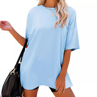 2024 European and American Cross-border Foreign Trade Summer New Women's Solid Color Casual Fashion Large Size Loose Round Neck Short-sleeved T-shirt