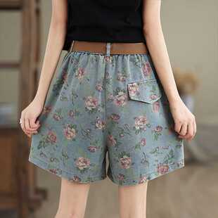Real Shot of Ready-Made Large Size Women's Pants Summer Retro Denim Print A-Line Loose Wide-Leg Shorts