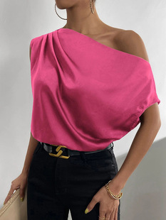 2024 Europe and America Amazon Cross-border Women's Spring and Summer Satin Solid Color Shoulder Asymmetric Collar Vest Blouse