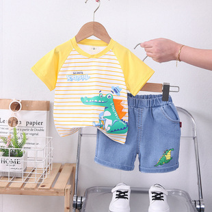 2023 Summer new boys' striped round neck short sleeve suit boys' casual Denim shorts two-piece set