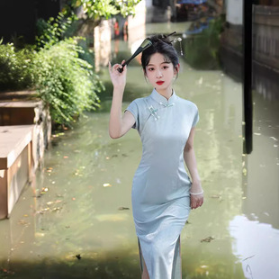 6051 light blue Cheongsam Half-placket Side Zipper Improved Cheongsam