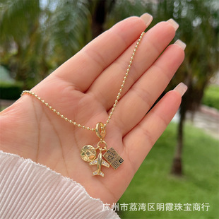 Multi-style copper plated 18K gold full diamond zircon travel around the world travel style series clip bead chain necklace cross-border original