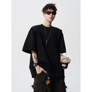 American Style High Street Design Sense T-shirt for Boys Deconstructed Crewneck Pullover Ins Profile Short-sleeved Casual All-match Top Trendy